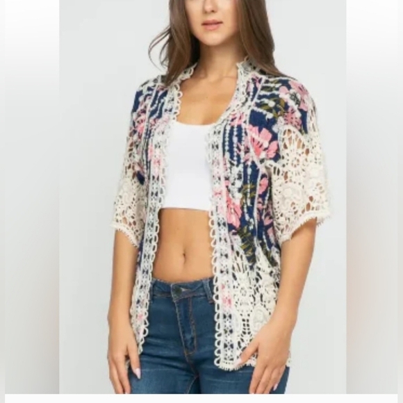 Raj Cream, Pink & Navy Crochet Kimono Cardigan with Floral Geometric Patterns - Picture 6 of 7